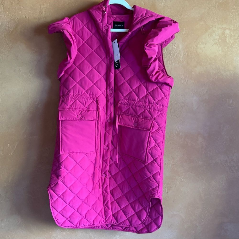 Timing Quilted Vest Jacket Hot Pink Puff Sleeve Vest Barbiecore Utility S NWT
